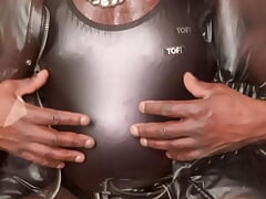 Black Muscle Leatherette Singlet Nipple Play Wank & Cum