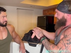 Muscular gym buddies enjoy hardcore anal action