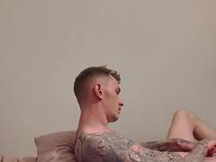 Hot tattooed guy gives self blowjob and eats his own cum
