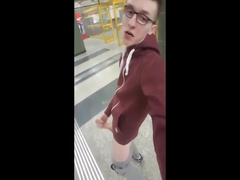 He strokes and ejaculates in a entrance hall