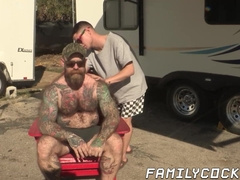 My tatted stepdaddy Jack Dixon rams my ass after I rub oil on his strong body