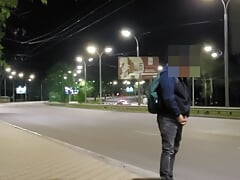 Guy pisses and jerks off right on the road where cars drive
