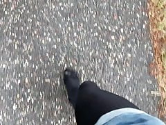 Crossdresser caught outdoor cumming on triple layered nylons