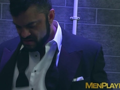 Sexy men in suit gets steamy on rough gay sex in a restroom