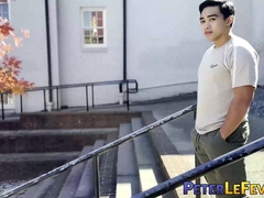 Asian American Sunny D tugs his uncut cock while doing an interview solo