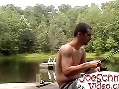 Two horny fucks rub out orgasms while standing next to each other in the woods