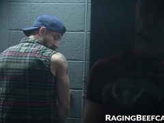 Muscular Sean Maygers bends over Drew Dixon in a public restroom