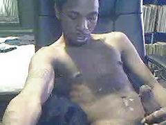Huge black cock squirts all over his chest