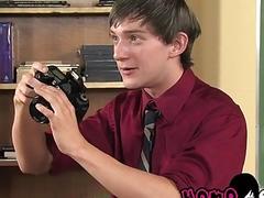 Emo gay guys take turns giving blowjobs in a classroom