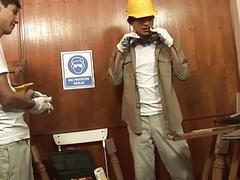 Asian construction workers break for a blowjob and anal sex