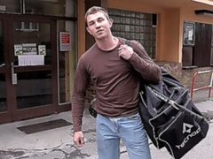 Submissive blonde guy takes that all over his face