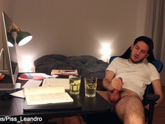 Gay student pissing and cumming in drinking glass while studying ✅