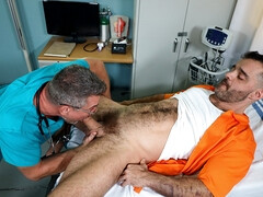 Doctor in his late 30s tries hairy patinet's cock in a rough mix