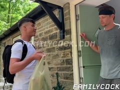 I splatter my cum on my abs after my hung stepdad James Keresford barefucks me