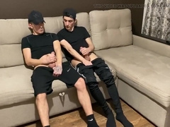 Hetero wank off with lad bummer buddy in sportswear (oral job and jism in throat)