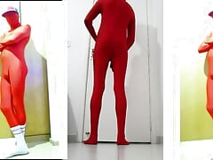 Fun At Home Wearing a Red Zentai Costume Part 2