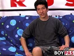 Interviewed young twink jerks off his big dick and cums