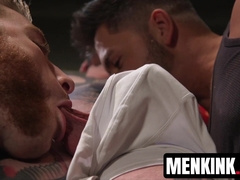 Sebastian keys and Dominic torment inked Teddy Bryce in pipe bondage