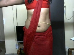 Krithi Strip Tease In Red Saree Navel Tease With Belly Chain Curvy Hip Shakes Sexy Ass & Boobs Show #indiancrossy