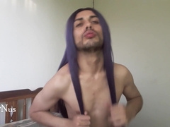 Fellow combs his hair to go to work as a ts