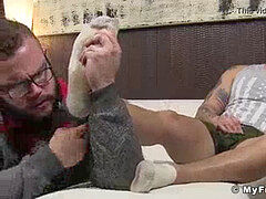 Muscle boy Trevor jerking off and foot adore money-shot