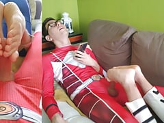 The red ranger gets a footjob, the blue ranger gets a sockjob in white Nike socks