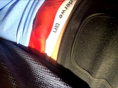 No Arms nutting in crimson undergarments and yoga trousers