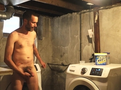 Scruffy Boy Blows a Fountain after getting Bare in the Dungeon Space Laundry Bedroom