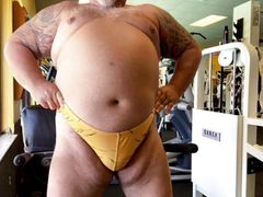 Retired wrestling muscle bull Coach blows a load training at the gym