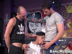 Two mature guys mouth and ass fuck good looking young man