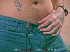 Solo gay dude jerks off big cock and cums all over