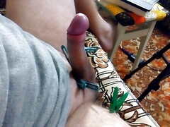 Sexy gay masturbates cock with clothespins on balls and cums