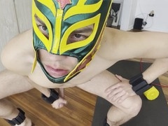 Hot Colombian twink puts on a show with his mask and gives a sexy performance