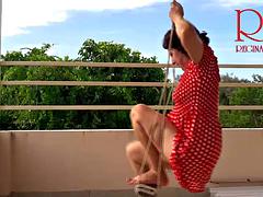 Beutiful lady swinging without panties on a swing outdoors. Slow motion 127 1