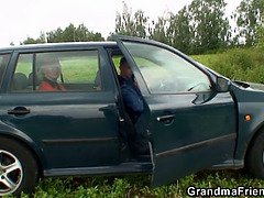 Granny and boys teen outdoor threesome
