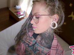 Petite glasses-wearing nerdy TATTOO teen gets rough anal and facial cumshot