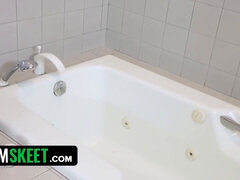 Stepbro's shower is ready, but stepsis Jamie walks in on him & demands to use the bathroom