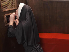 Slutty nun Abbie Maley gets fucked through a hole in the wall