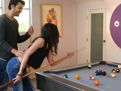 Petite brunette with small tits shagged on the pool table