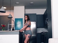 Busty brunette talking to her stepdad in a hot vid