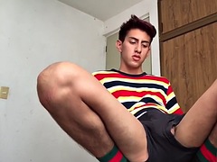 Slim latino amateur strips and masturbates indoors