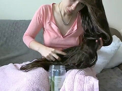 nice long Haired black-haired Hair Oiling and Hairplay