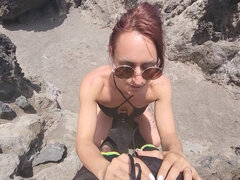 Naughty beach babe gives a sloppy deepthroat in public and gets a massive facial cumshot