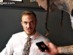 ダブル開発, ゲイ, 淫乱熟女, オフィス, 穴開きパンティ, 秘密の, 三人, ユニフォーム