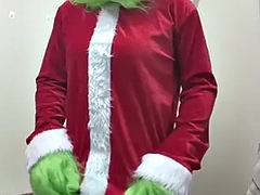 Christmas Grinch cosplay vibrates orgasm until moanibg loudly