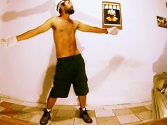 Furry naked man with hairy gay beard dances seductively