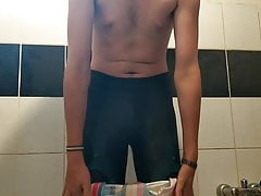 Me pissing in striped swimsuit and workout tights