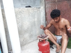 Indian Fellow Naked Masterbating Jism While Making His Meal On Terrace