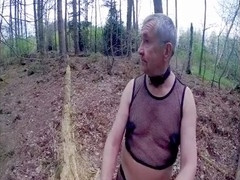 Outdoor encounter in the woods with a mature Andy in lingerie and average size dick