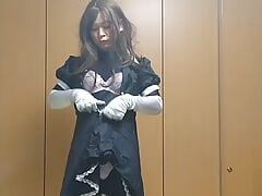 A Japan man&#039;s step daughter masturbates wearing full-body tights under a maid outfit